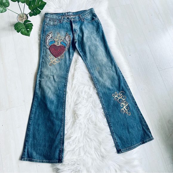 Kippys Swarovski Embellished Heart Wings Flare Leg Designer Jeans 